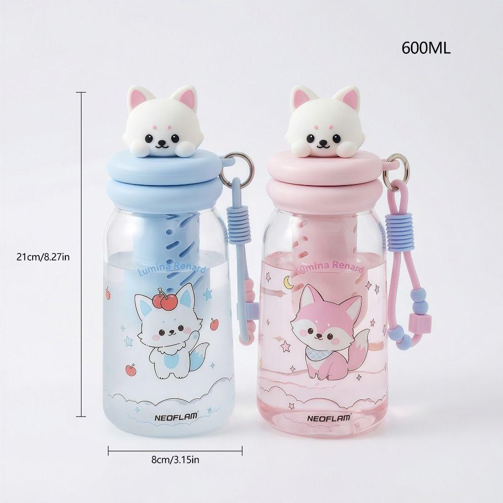 Cartoon Plastic Water Bottle 600ml with Handle Drinking Bottle Leakproof Straw Cup Summer
