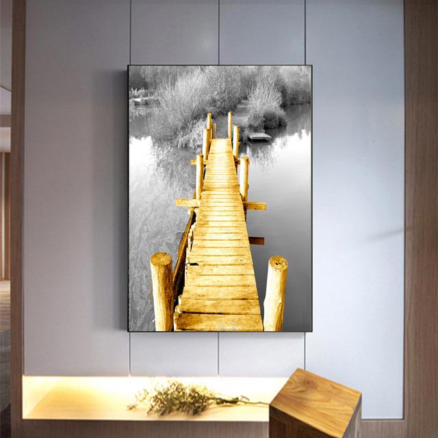 Golden Bridge Tree Lake Scene Black Landscape Poster Print Canvas Paintings Wall Art Pictures for Living Room Home Decor Cuadros No Frame