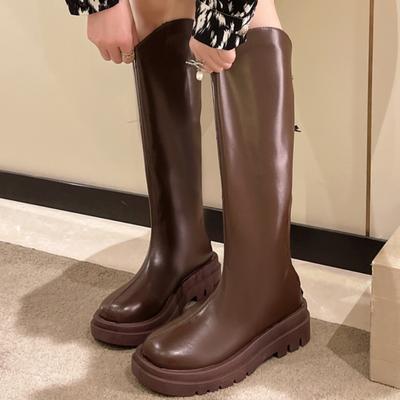 Mode Schoenen voor Dames Rits Dameslaarzen Herfst Ronde Neus Effen Kniehoog Middenhak Waterdicht Schoenen Dames in Britse Stijl