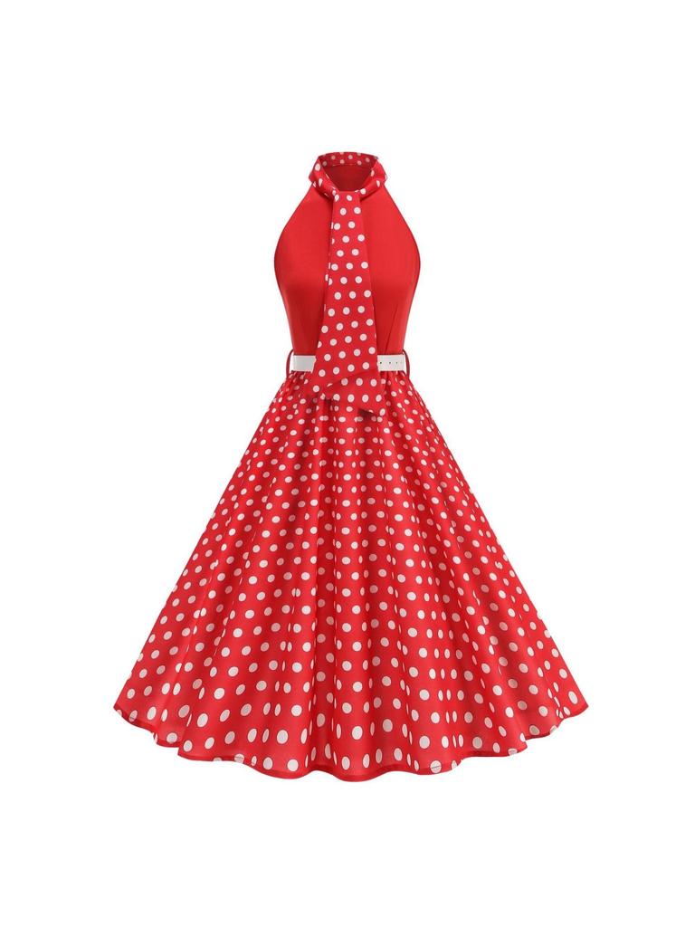 Elegante Vestito Natale Hepburn Retrò a Pois con Elastico in Vita