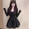 Hepburn Square Neck Black Long Sleeve Slim Dress with Puffy Skirt