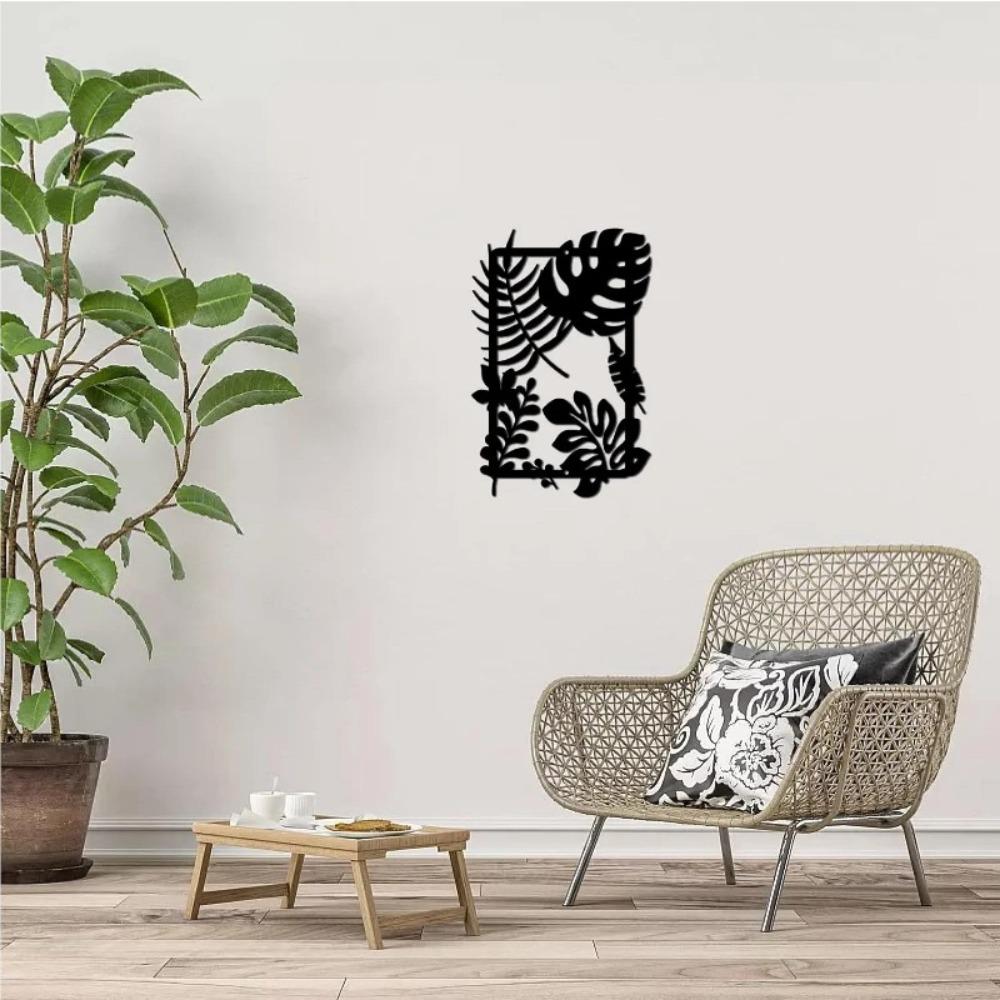 1pc Leaf Metal Wall Decor Black Tropical Plant Hanging Ornament Iron Rectangle Frame Sculpture Boho Modern Farmhouse Rustic Bathroom 11.8x7.9Inch
