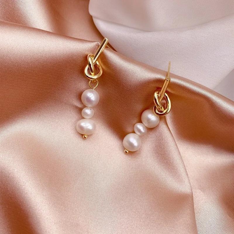14K Gold Plated Triple Strand Freshwater Pearl Long Dangle Earrings Irregular Knotted Drop Jewelry for Women