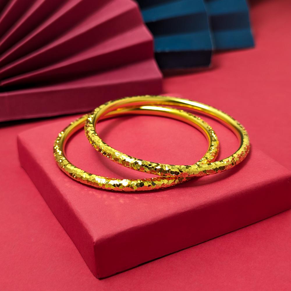 Gold Plated Women's Flash Crushed Ice Bracelet: Ancient Style, Sand Finish, Round Bar, Star Accents, Thickened Bangle