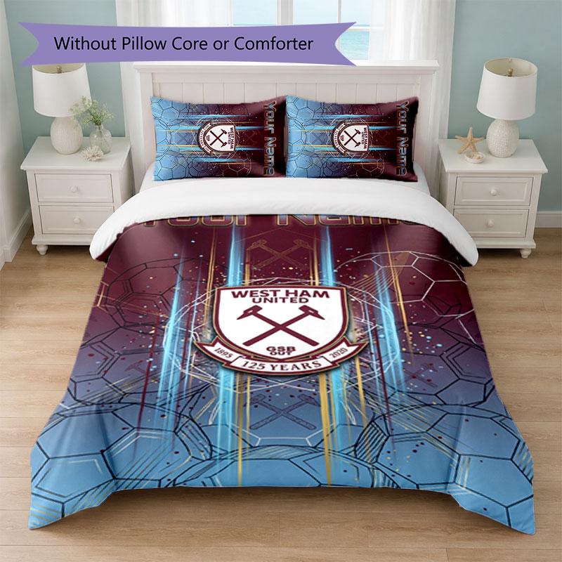 Set Biancheria da Letto Personalizzato West Ham United FC Testo Nome 1 Copripiumino+2 Federe Logo Calcio Regalo Personalizzato per Occasione Speciale Decorazione Camera da Letto