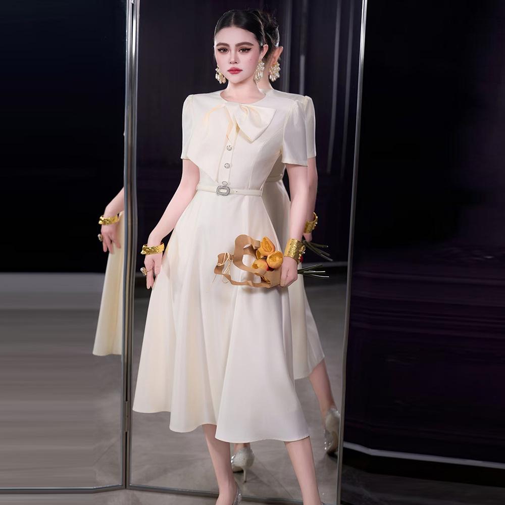 2026 French Spring/Summer Women's Retro Romantic Bowknot Short Sleeve Dress