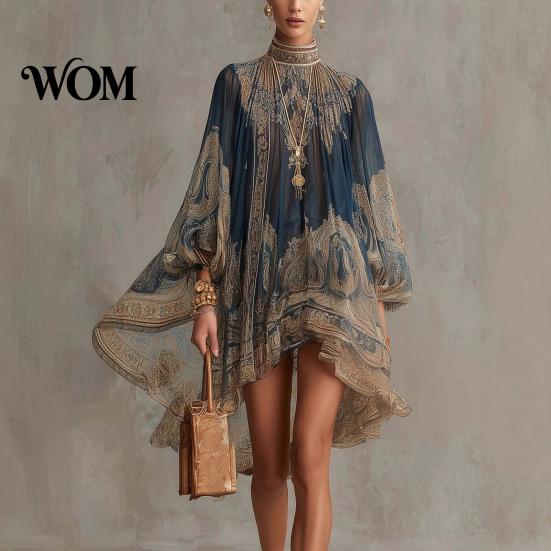 Lantern Sleeve Dress Boho Floral Print High Neck Irregular Chiffon Mini for Women, Puff Long Flowy Party Cocktail Dress, Summer Beach Vacation