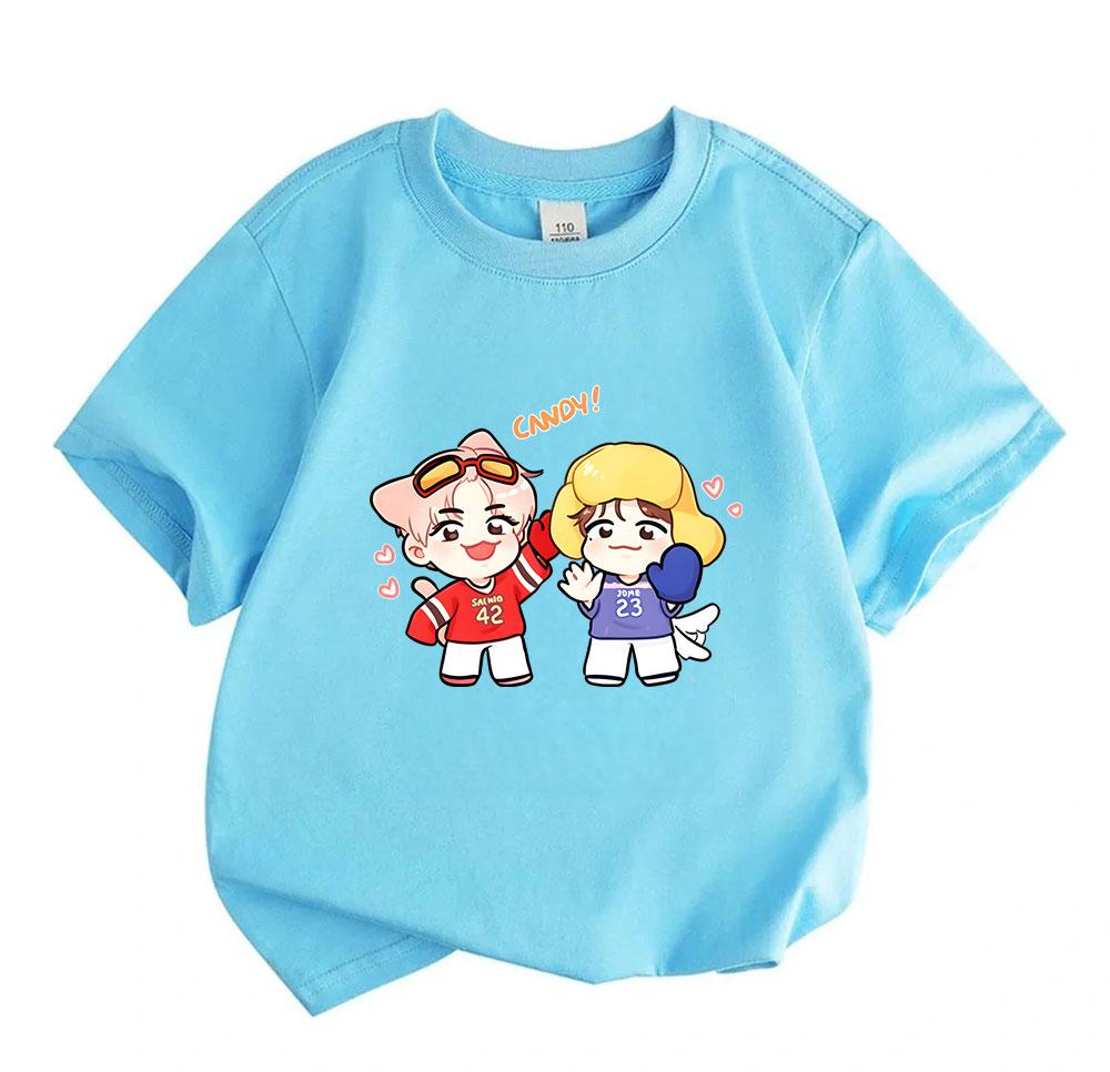 Kids Boys Girls 100% Cotton Crew Neck Short Sleeve T-Shirt, Cute Cartoon Chibi Idol Couple Print Casual Soft Summer Tee, Lovely Candy Pattern Breathab