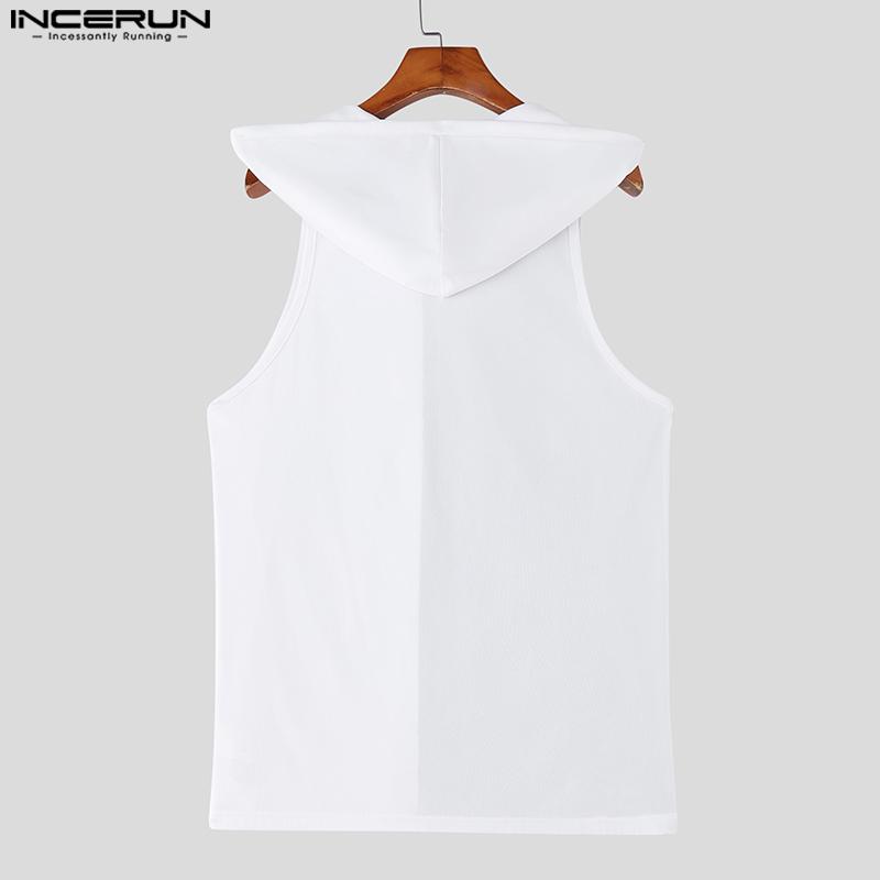 INCERUN Summer Men Sleeveless Stitching Sport Hooded Tank Tops