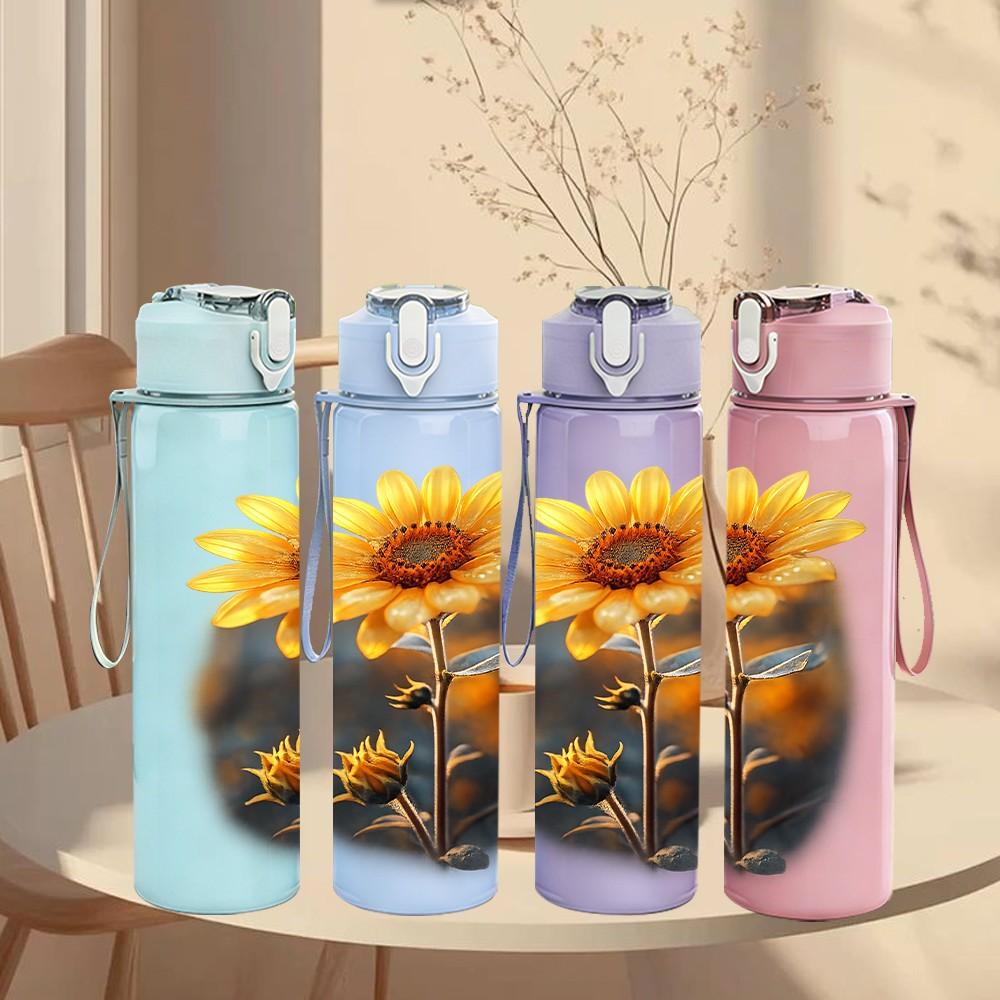 1PC Sunflower Dark Background Art Print 750ml Color Plastic Sports Water Bottle Leakproof Flip Straw Lid Suitable for Sports Office Home Use