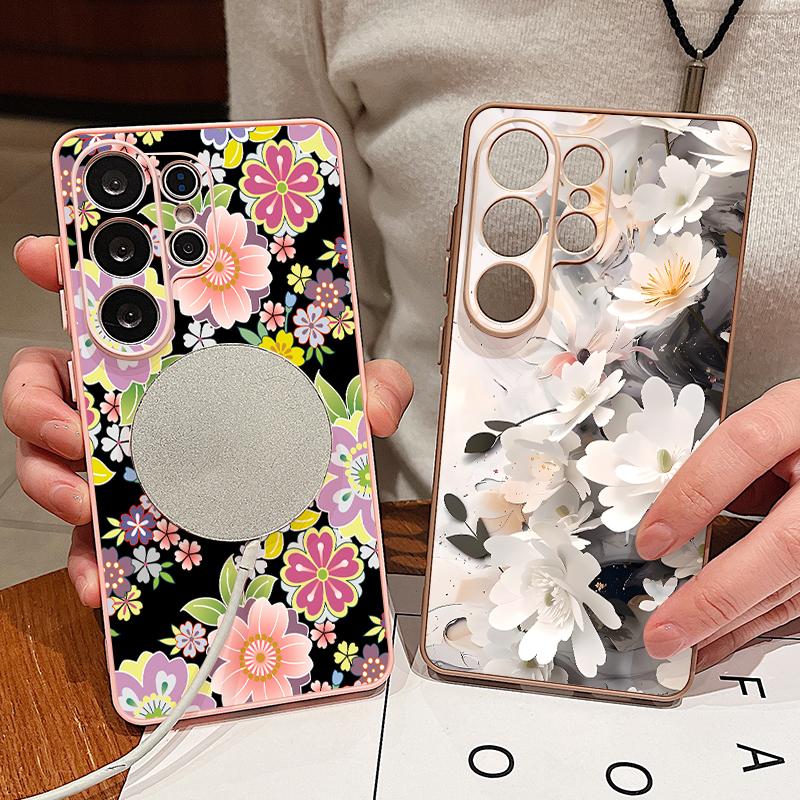Retro Floral Pattern Case For Samsung Galaxy S26 Ultra S25 Edge S24 Plus S23 FE S22 A17 A54 A55 A56 A57 5G Magnetic For Magsafe Matte Cover