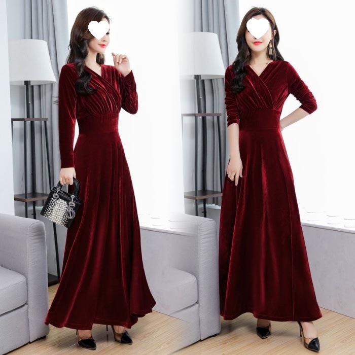 2025 Gold Velvet Long Slim Dress with Long Sleeves - Plus Size Women's Spring/Autumn Fashion