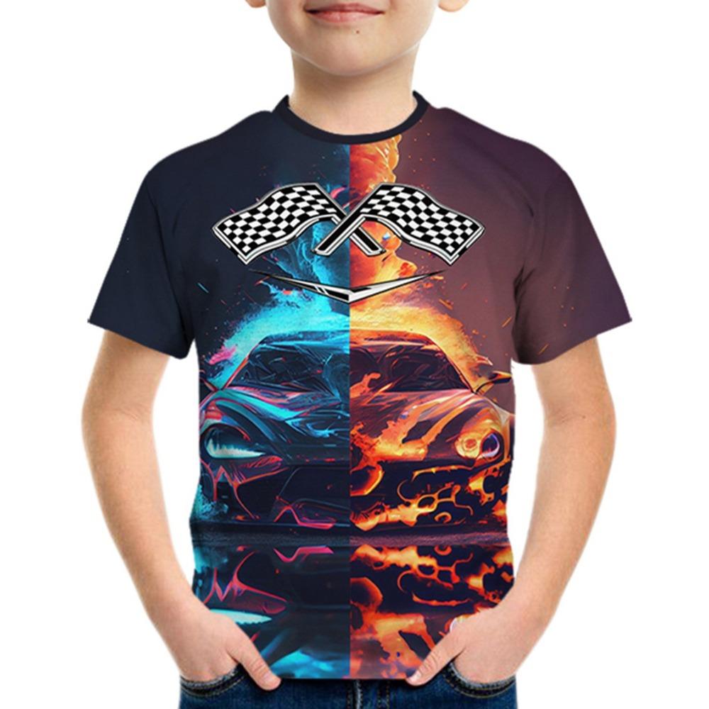 Fashion Racing Pattern 3D Printed Boy's Creative T-shirt Casual Lightweight Short Sleeved Round Neck T-shirt Children's Clothing Summer