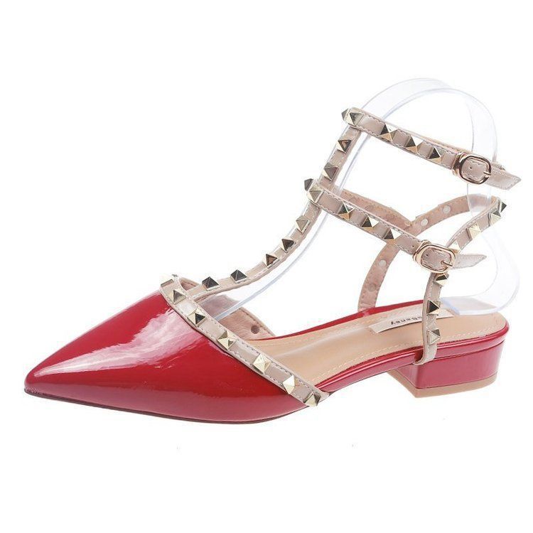 

Сандалии Baotou Niche French 2025, новые летние женские туфли на плоской подошве с острым носком и мягкой подошвой, черные с заклепками 40 бордовый