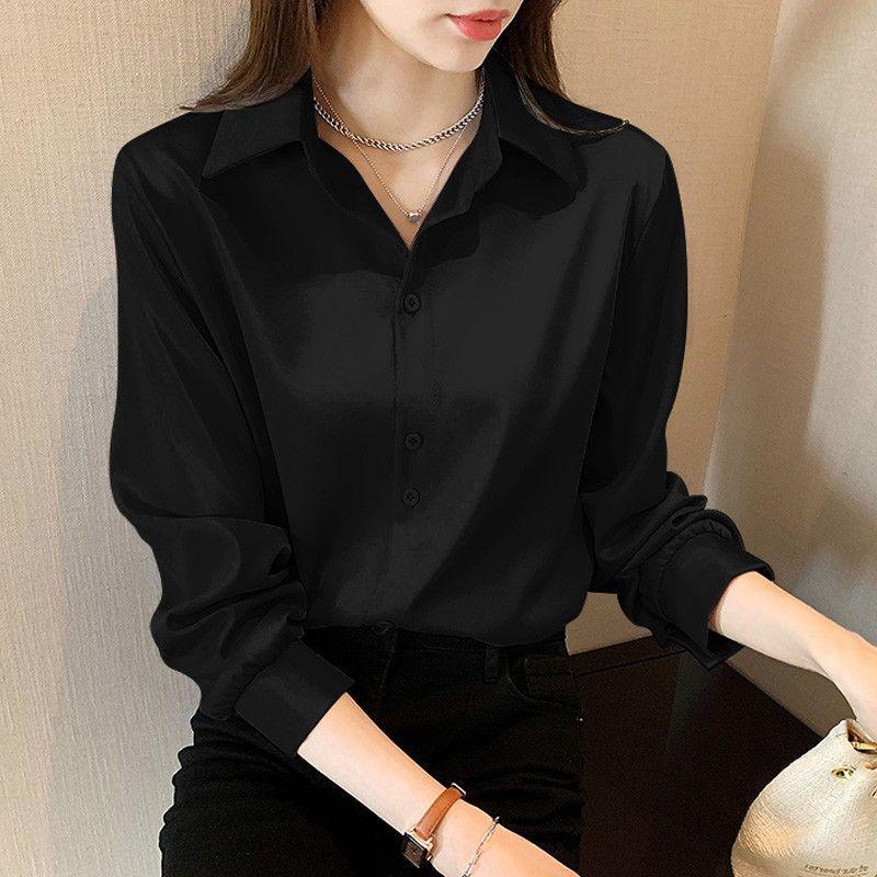 

Women s High-End French Style Loose Long Sleeve Shirt - Plus Size, Solid Color, Professional Wear M чёрный
