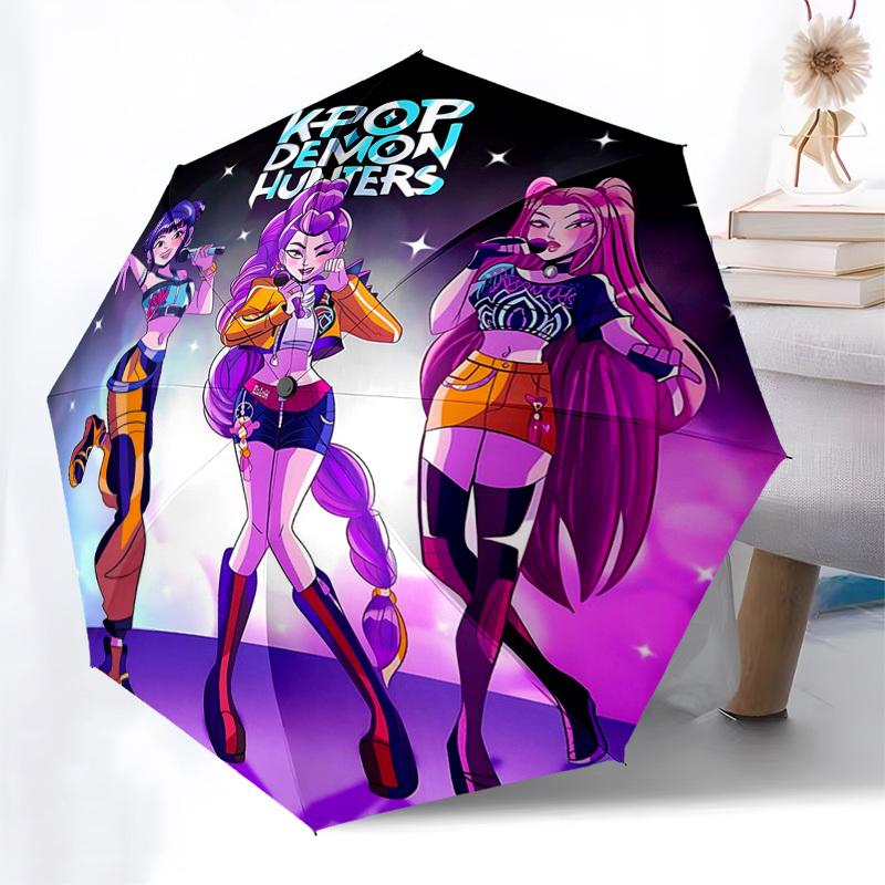 1pc K-POP Demon Hunters Automatic Folding Umbrella Portable 3-Fold Design with 8-Bone Iron Frame Outdoor for Fans, Travelers, Everyday Use Ideal Gift