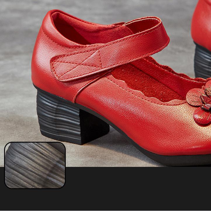 Johnature Etninio stiliaus natūralios odos marginti moteriški batai retro apvalūs pirštai stori kulnai minkšto pado pompos