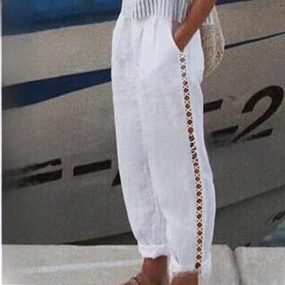 Γυναικείο μονόχρωμο casual παντελόνι με κουκούλα από βαμβάκι και λινό για το καλοκαίρι του 2023