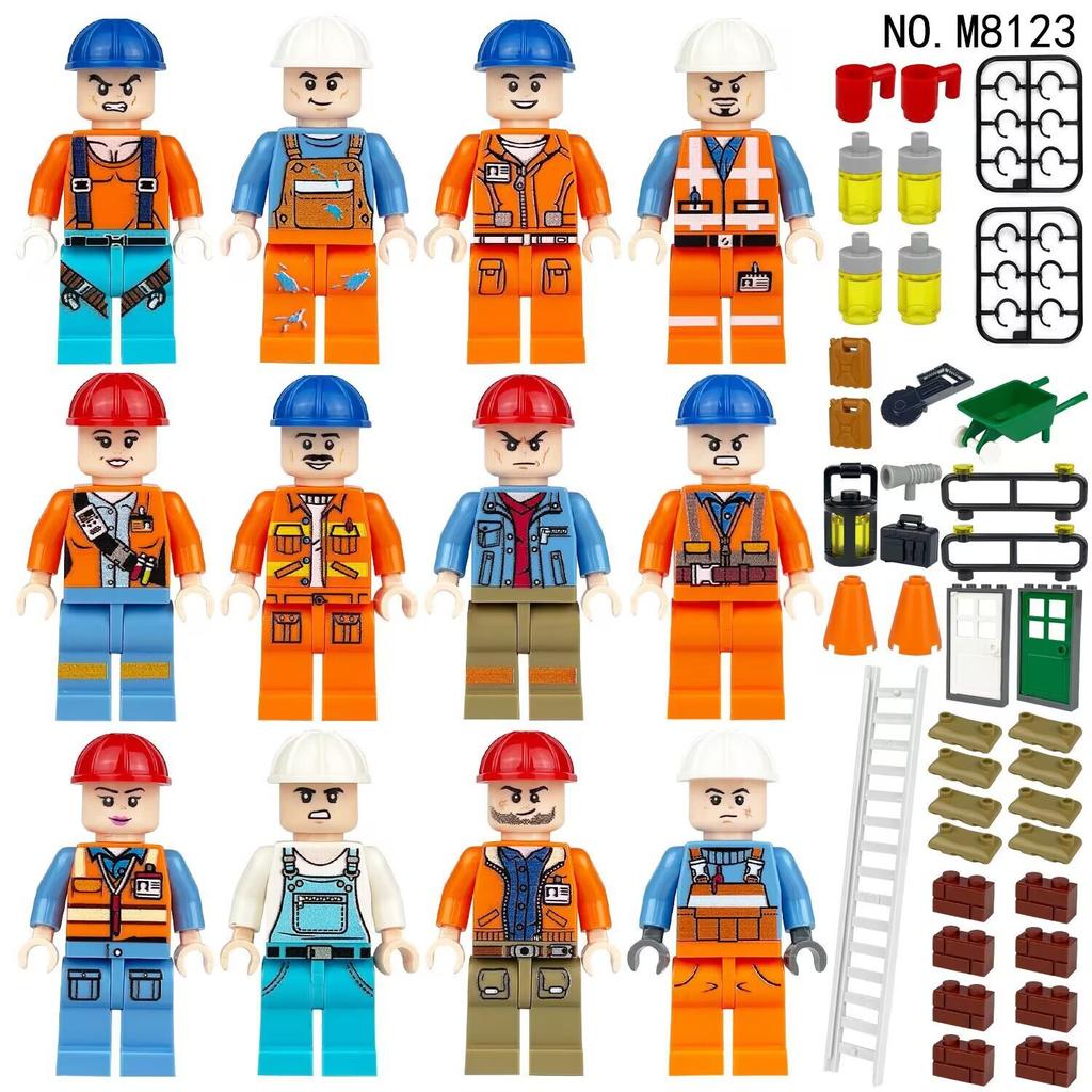 M8123 Construction Workers Urban Engineering Minifigures Children Assemble Small Particle Building Block Toys