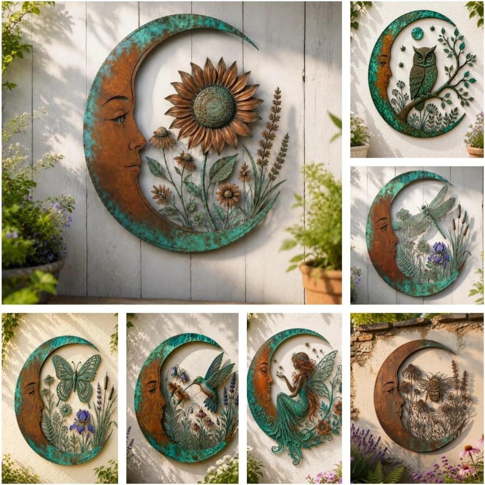 Garden Decor Dragonfly Bee Wall Art 3D Round Celestial Wall Sign Outdoor Accent  Patio Decor