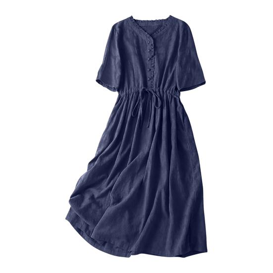 Women Cotton Linen Dress Short Sleeve V Neck Buttons Tie Waist Midi Dress Summer Casual Boho A-Line Flowy Dress