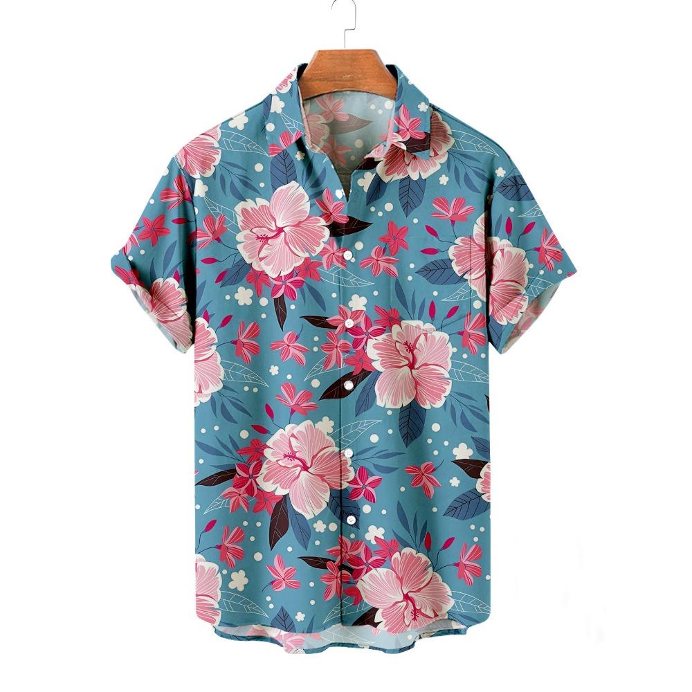 Summer Men's Flower Hawaiian Shirts Casual Vacation Short Sleeve Shirts Collar Button Up Shirt Fashion Steetwear for Mens