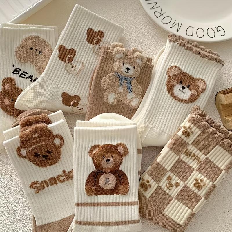 5 Pairs of Adorable Coffee-Colored Socks Women Comfortable Breathable Mid-Calf Socks with Playful Teddy Bear Designs Checkered Pattern Socks