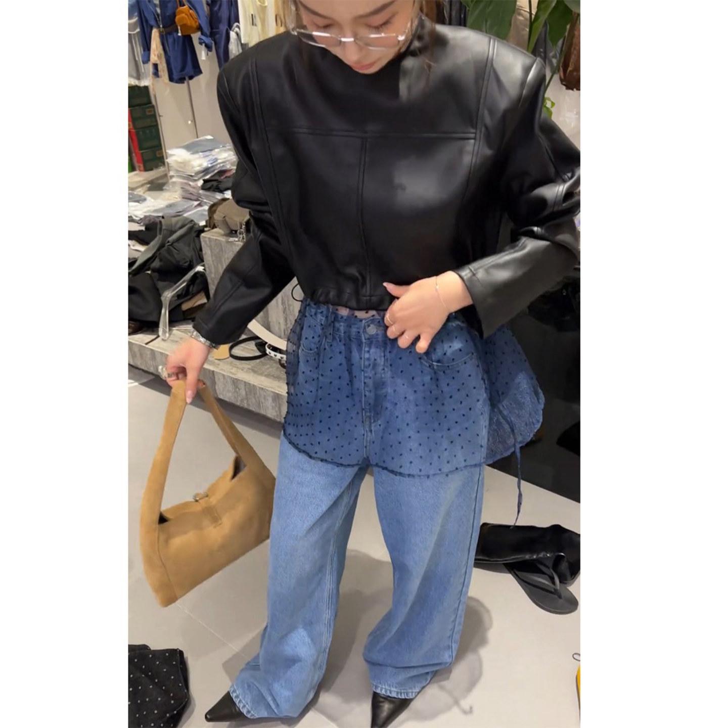 

Spring 2026 Stylish Mesh Leather Two-Piece Set: Mature Design Jacket and Shorts XL [115-125 lbs]