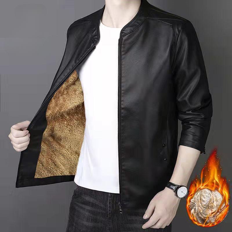 Men's Leather Jacket Autumn and Winter New Trend Versatile Casual Stand Collar Large Size Plus Fleece Leather Jacket for Men