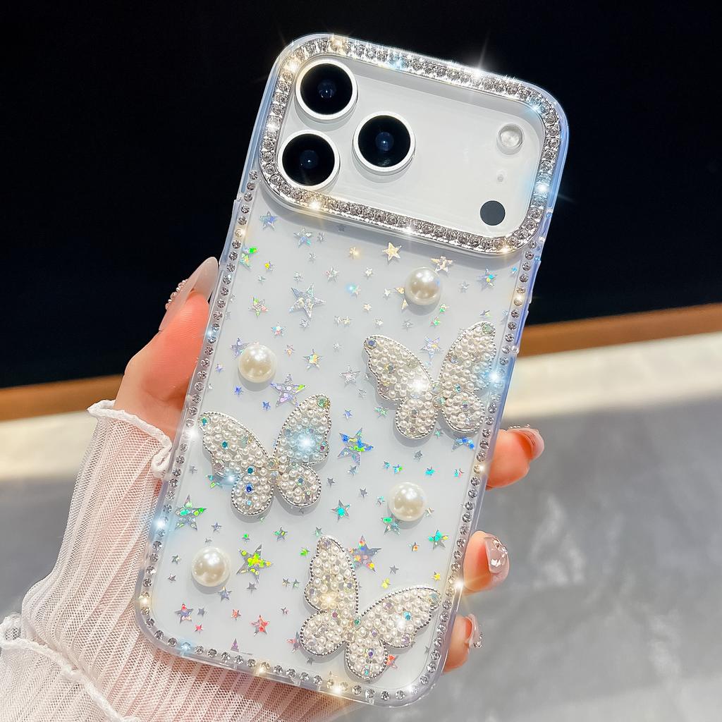 Jewelled Border Pearl Butterfly Glitter Phone Case for IPhone 17 Air 16E 17 16 15 14 13 Pro Max Transparent Cover