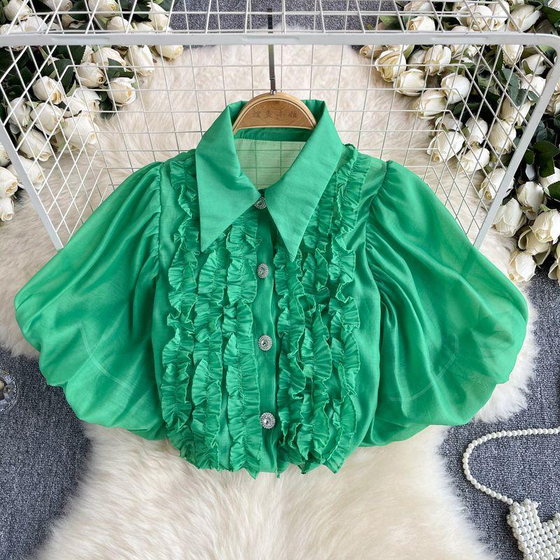 

Summer Wear French Style Puff Sleeve Shirt Women s Sweet Tree Fungus-like Lacework Patchwork Niche Style Retro Perspective Chic Tops Green One size