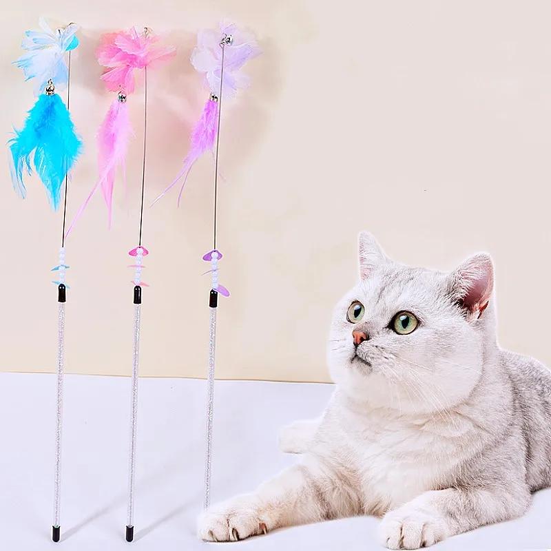 Cat Toy Feather Cat Toys Interactive Flower Tassel Cats Teaser Long Handle Feather Toys for Cats Teasing Stick Toy Kitten Teaser
