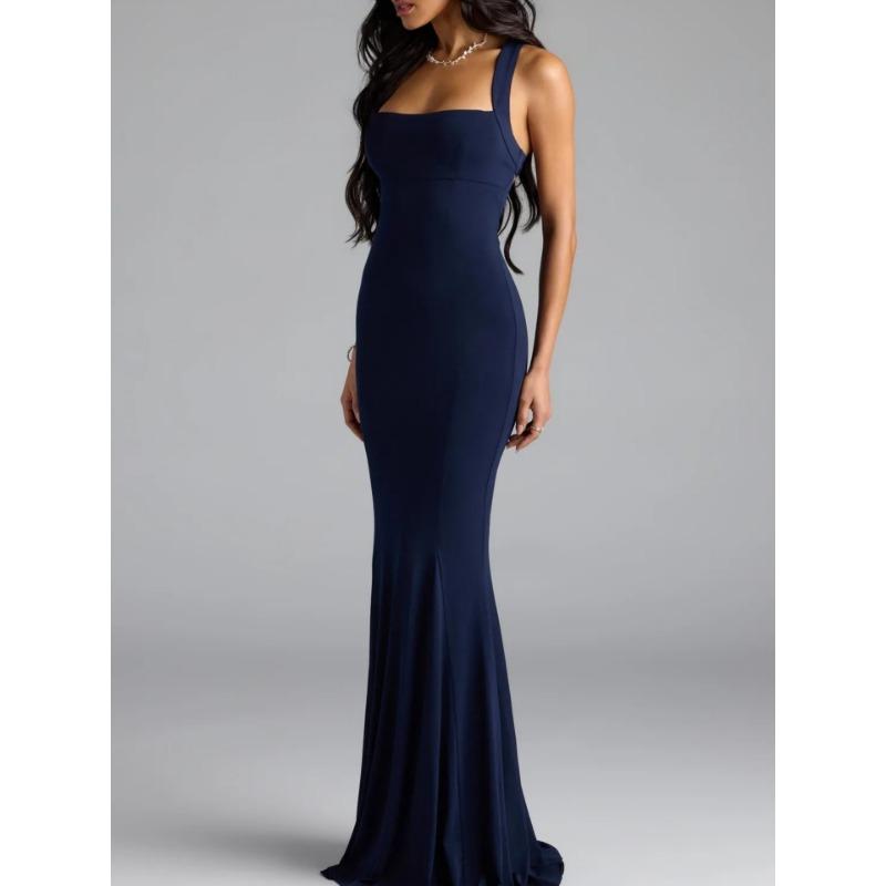 Womens Navy Blue Halter Neck Mermaid Maxi Dress Sleeveless Bodycon Evening Party Gown