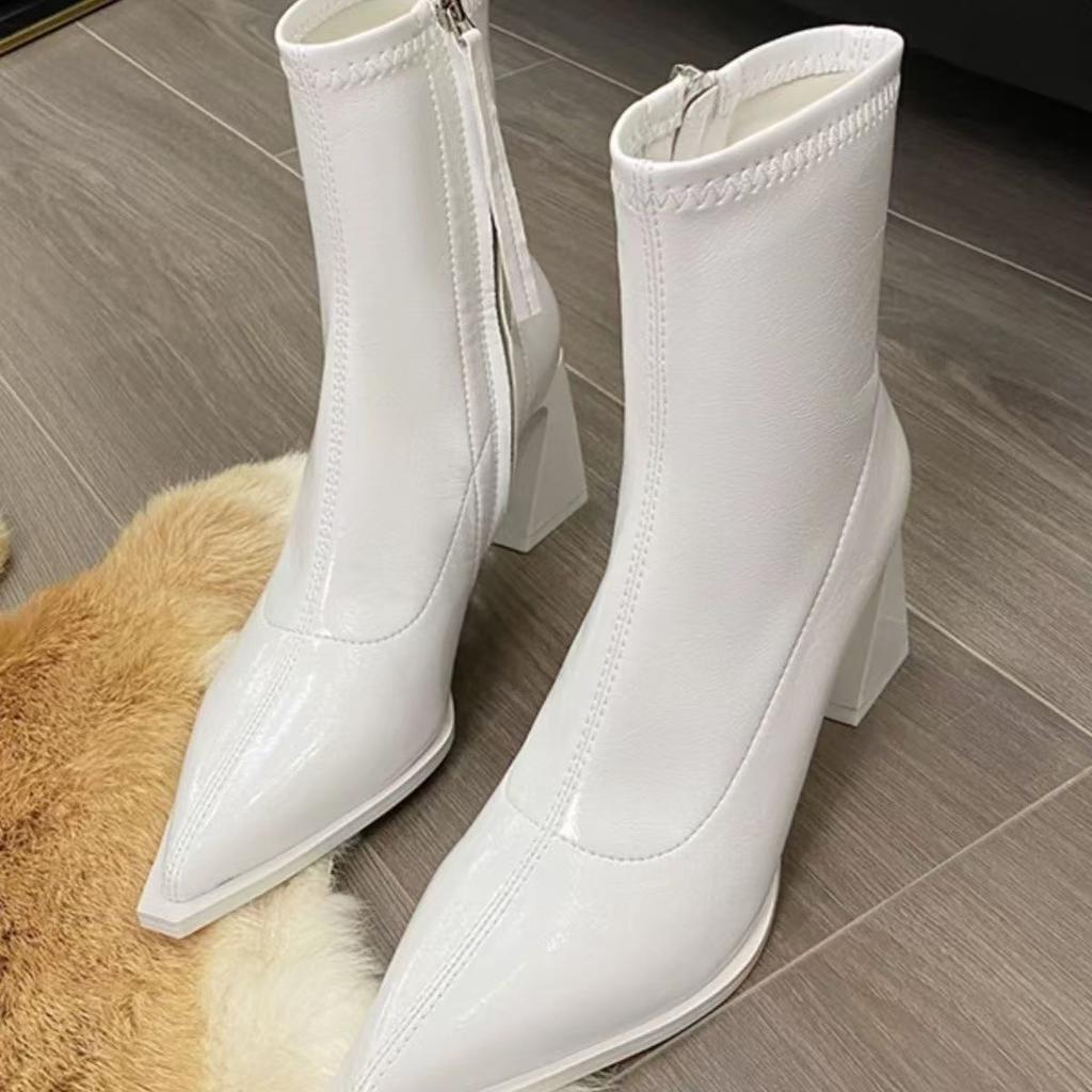 Stiefel Damen Herbst und Winter neu Samt Lackleder Seitenreißverschluss dicker Absatz Martin Stiefel spitz hohe Absätze Stiefeletten dünne elastische Stiefel