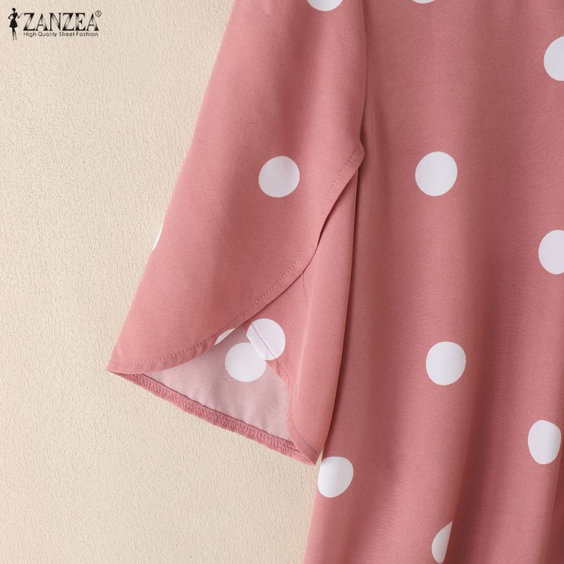 ZANZEA Γυναικείο Καθημερινό Καλοκαιρινό Μπλουζάκι με Στρογγυλή Λαιμόκοψη, Κοντό Μανίκι και Πουά