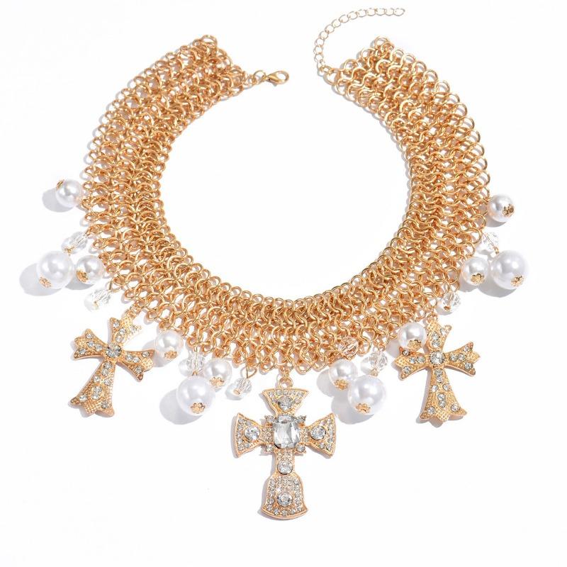 Pearl Cross Necklace Light Luxury Niche Jewelry Metal Collar Exaggerated Collarbone Chain Women