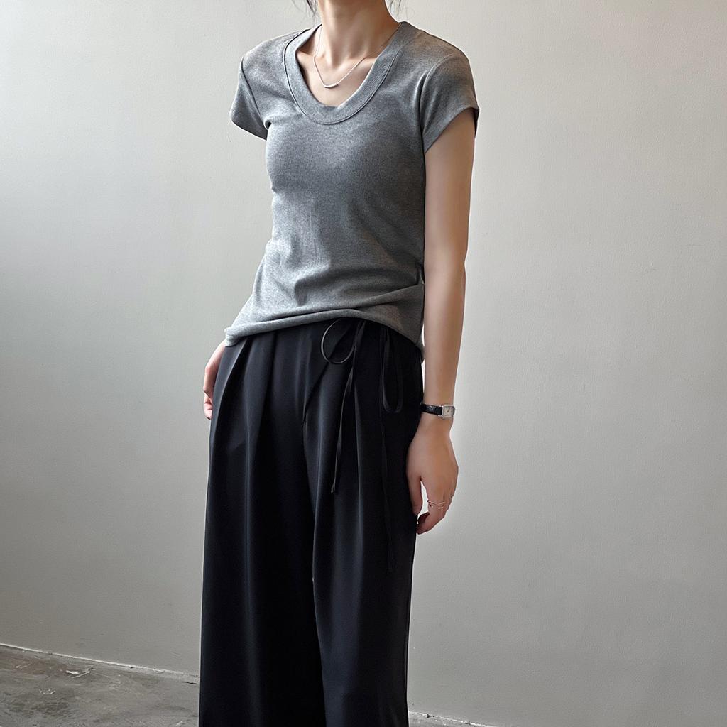 Solid Colour T-shirt Women 2024 Summer Simple U Neck Slim Stretch Body Shirt Tops