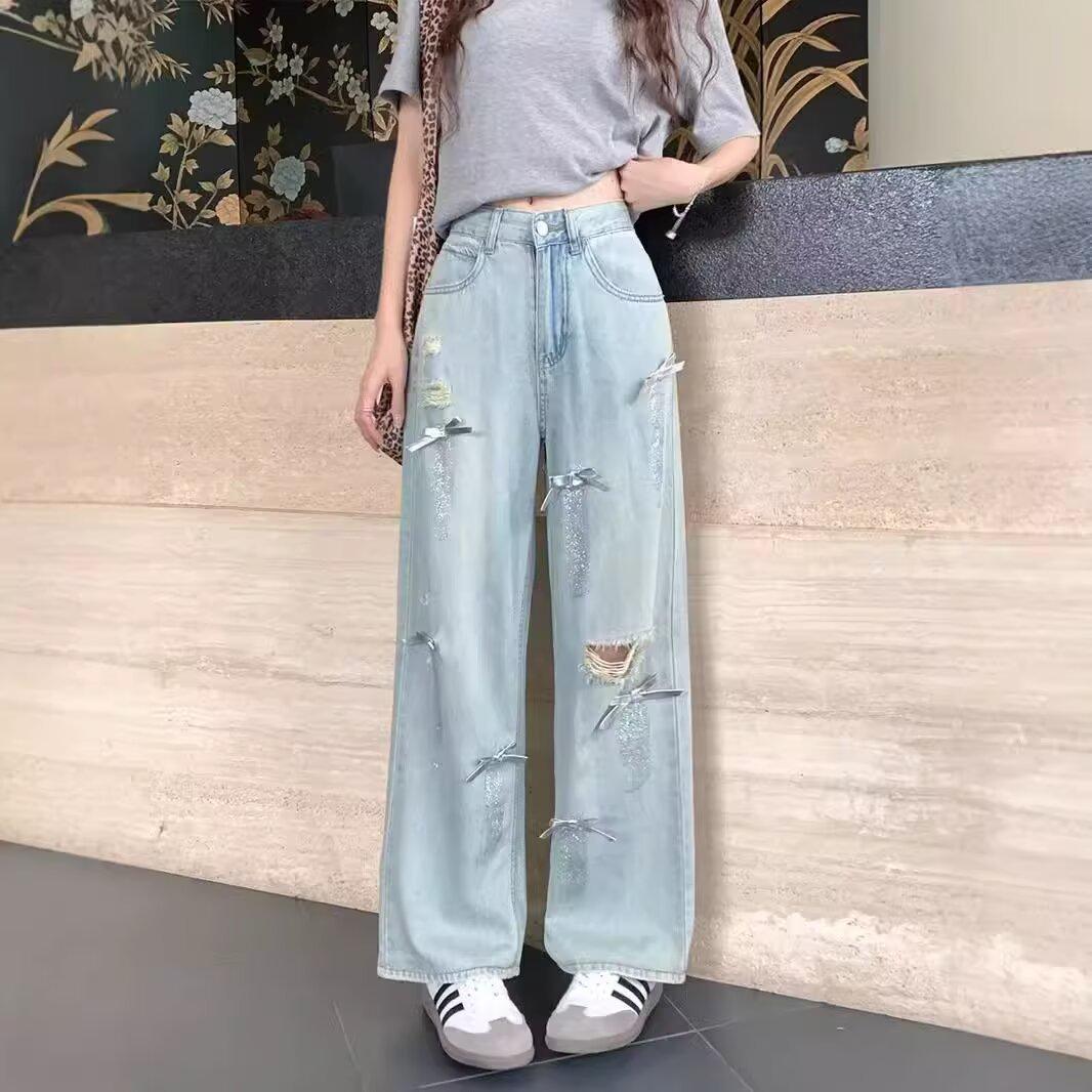 

2024 Весна/Осень Женские Джинсы Большого Размера с Рваностями, Высокой Посадкой, Свободного Прямого Кроя Medium светло-синий