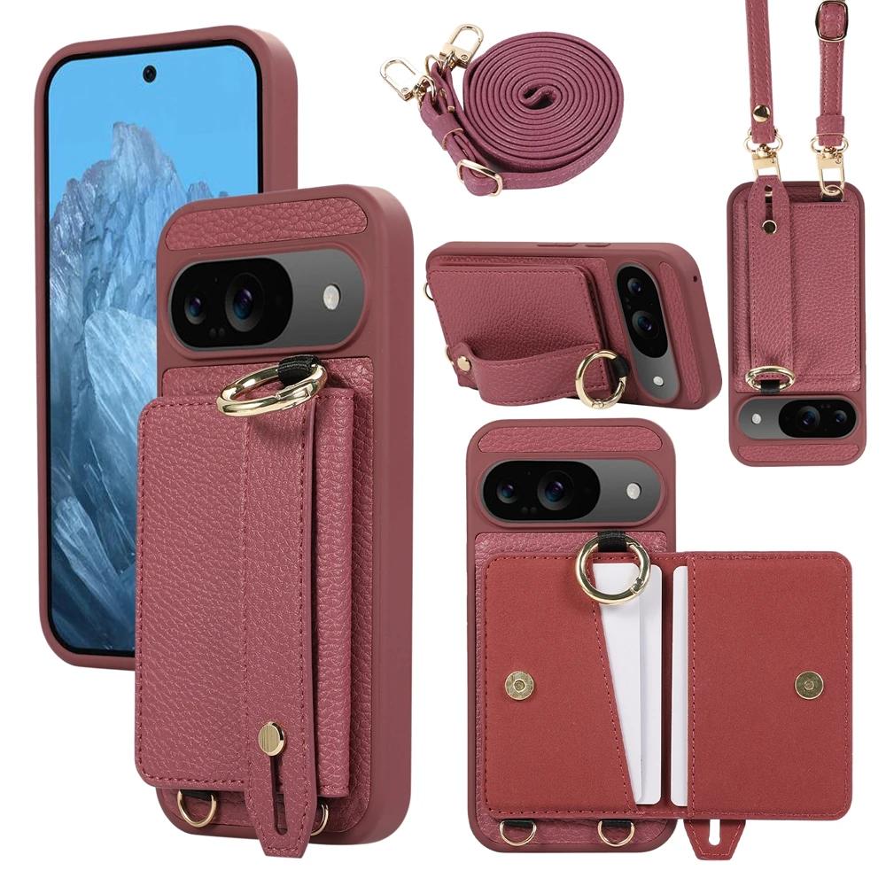 Crossbody Polsband Lederen Portemonnee Hoesje Telefoonhoesje voor Google Pixel 9 8 Pro 8a 7a Ringhouder Schokbestendige Hoes Google Pixel 9 Pro