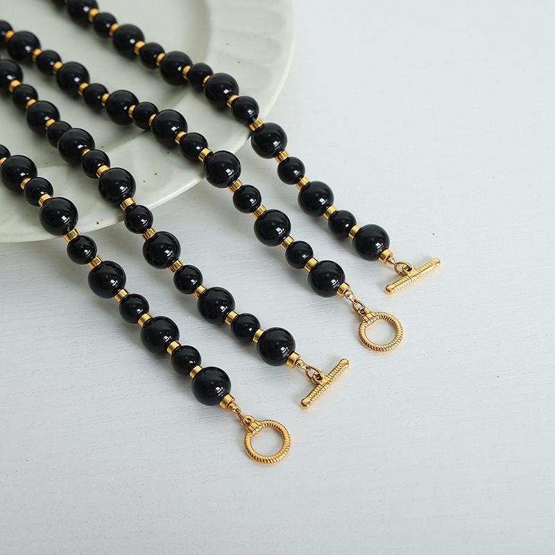 French Light Luxury Natural Stone Black Agate Round Beads Beaded Handmade Necklace Titanium Steel Ot Buckle Versatile Sweet Girl Collarbone Chain