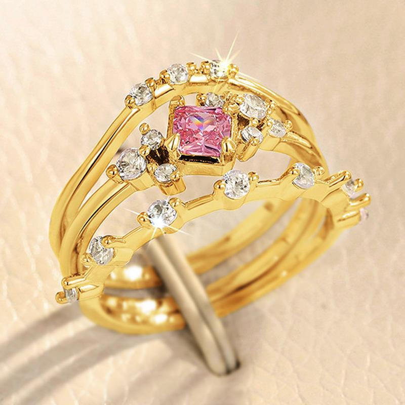 Princess Ring Three-piece Set, Pink Zircon Sweet Ring Girl, Niche Daily Model.
