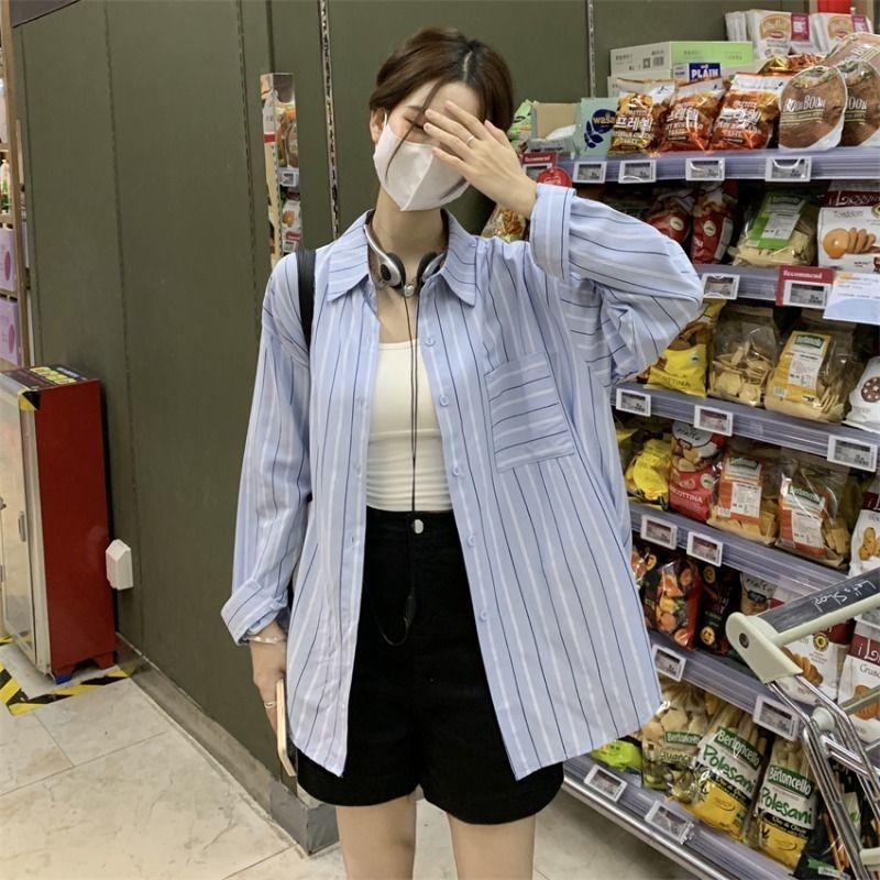 Women's Striped Long Sleeved Shirt Spring Autumn Women's Clothing Loose and Slimming French Style Top