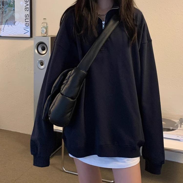 

Повседневные толстовки большого размера, женские корейские модные серые однотонные пуловеры с воротником-поло Kpop, осенняя уличная одежда L чёрный