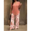 Women's V-Neck Mid Sleeve Top and Printed Wide Leg Pants Set
