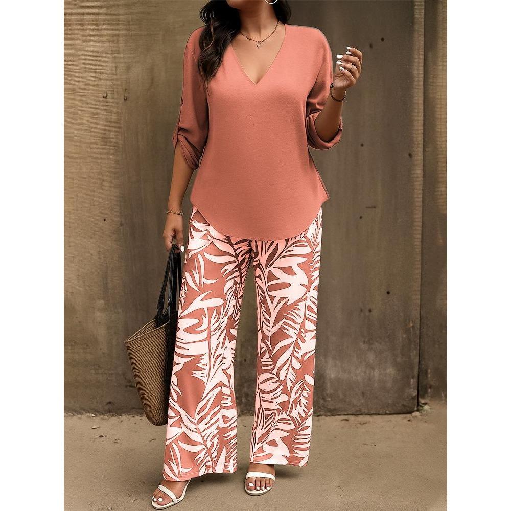 Women's V-Neck Mid Sleeve Top and Printed Wide Leg Pants Set