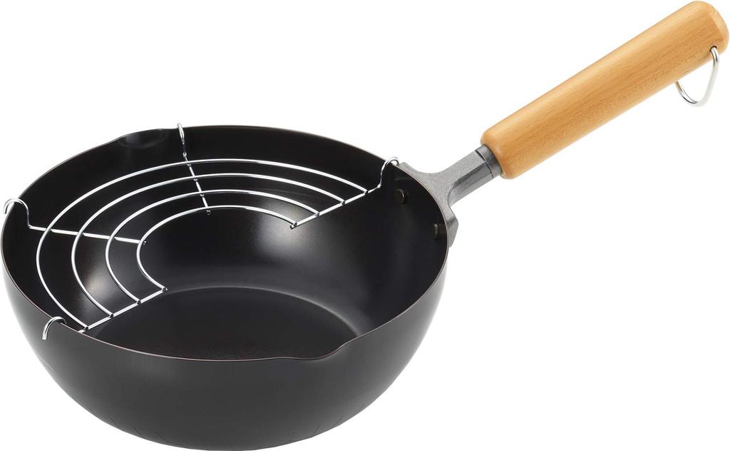 Yoshikawa Tempura Pan, 20cm, New Gourmet Power, Wooden Handle, Frying/Frying Pot, Black, SJ3169