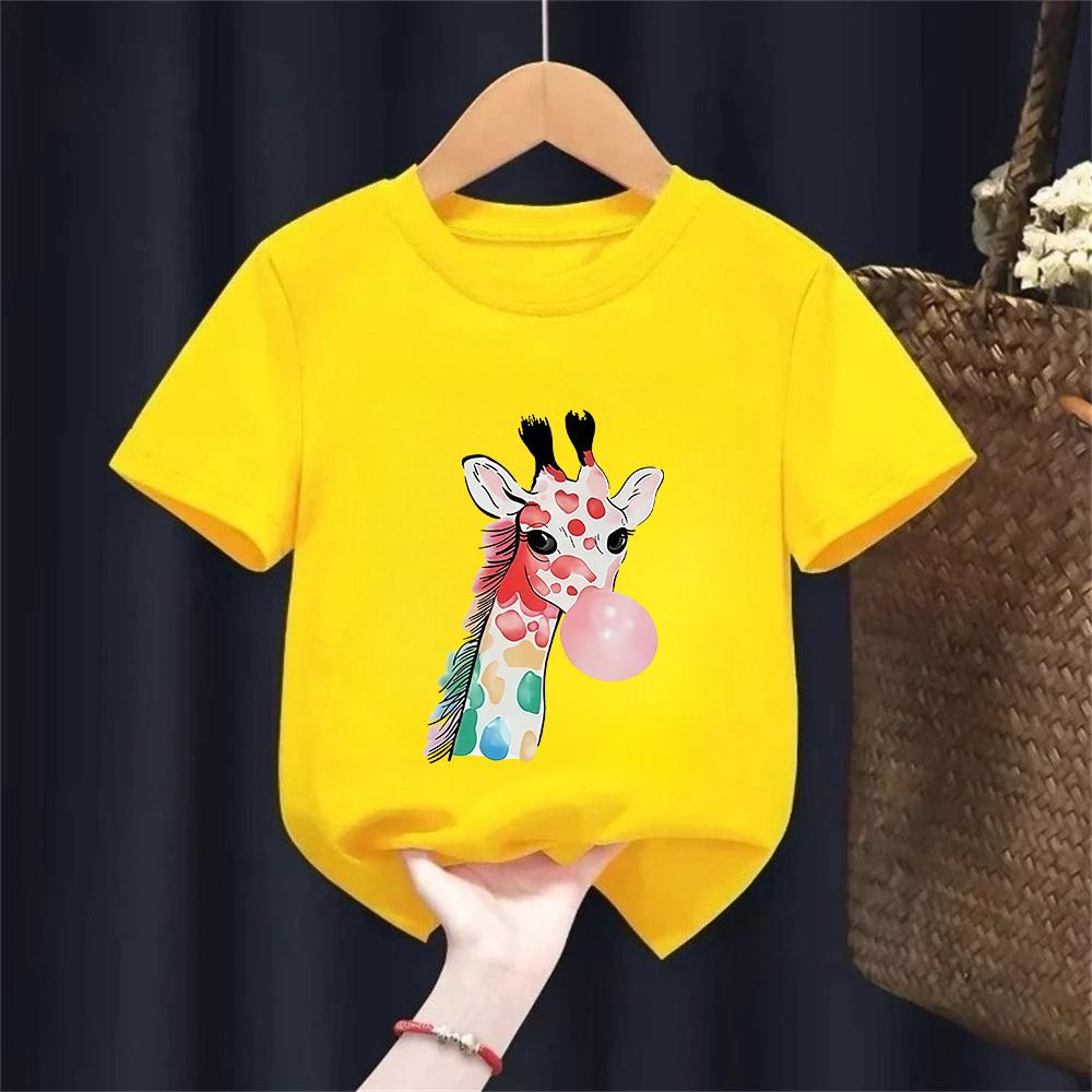 Y2k Giraffe with Gum Printed Short Sleeve T Shirts Animal Kids Childrens Tshirt Boys Girls Summer Spring Casual Top Tee Shirt