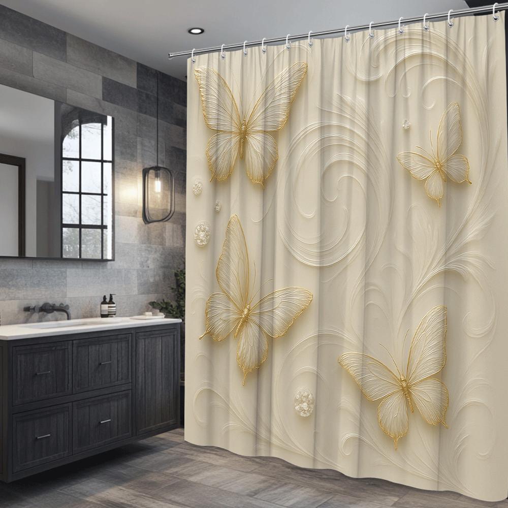 Goldener Schmetterling Duschvorhang Elegante Creme-Farbe Mit 3D-Muster Wasserdicht Einfach zu Installieren Verschönern Sie Ihren Raum