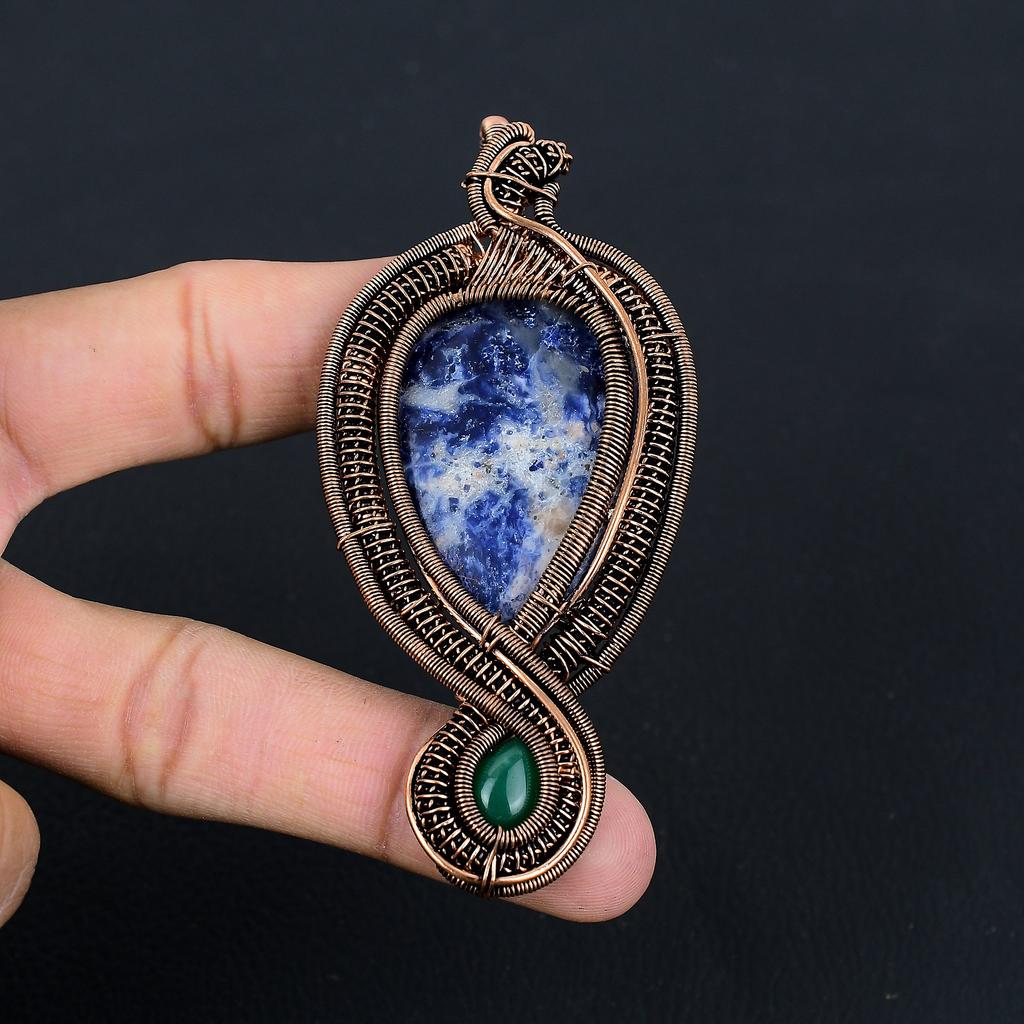 Natural Sodalite,Green Onyx Gemstone Handmade Copper Wire Wrap Pendant 3.74 D6s89
