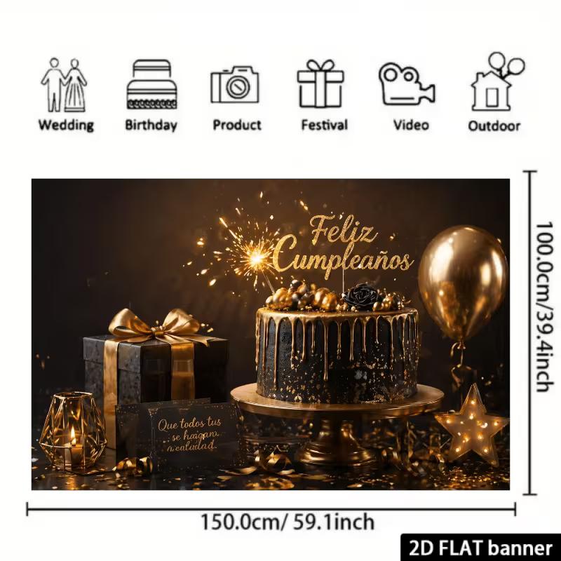 2D Spanish Happy Birthday Backdrop, Black Gold Cake & Gift Photography Background